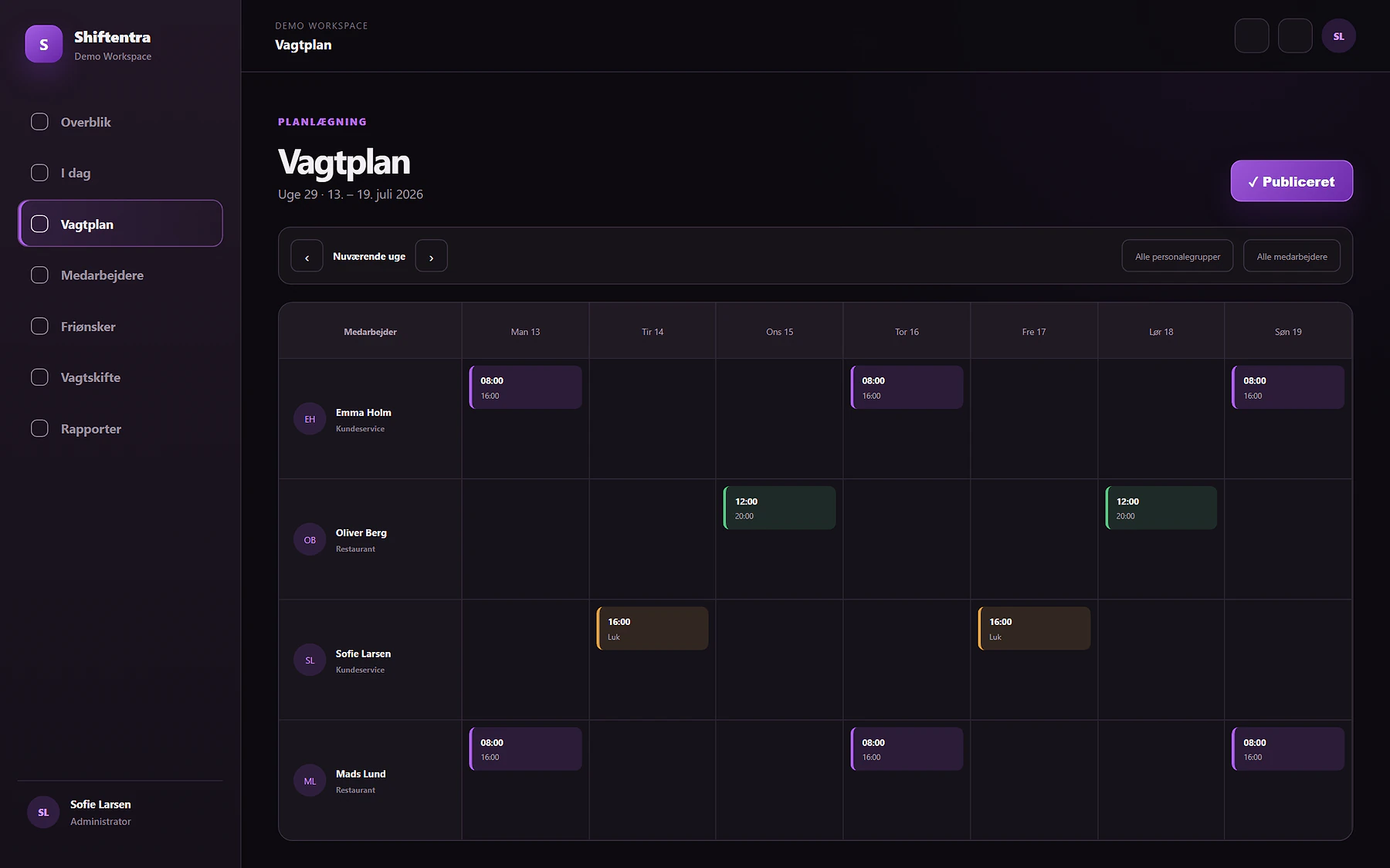 Shiftentra vagtplan med medarbejdere og vagter